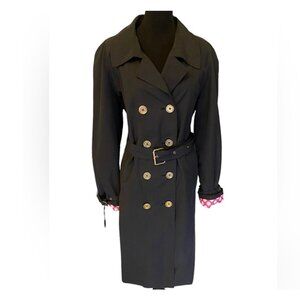 ISAAC MIZRAHI Live! Black Trench Coat Polka Dot Lining Gold Hardware FREE SHIP